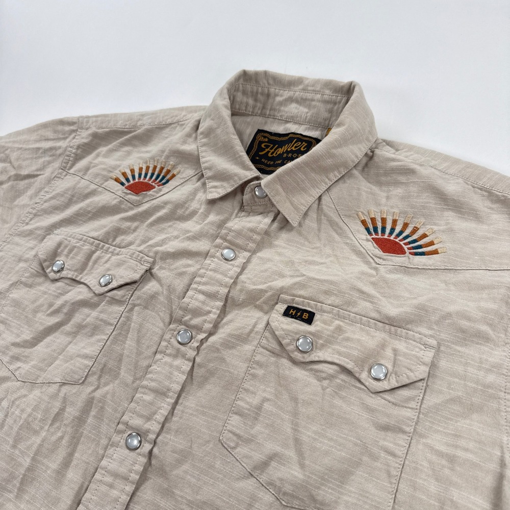 Howler Brothers Mens Shirt Medium Tan Gaucho Western Pearl Snap Short Sleeve